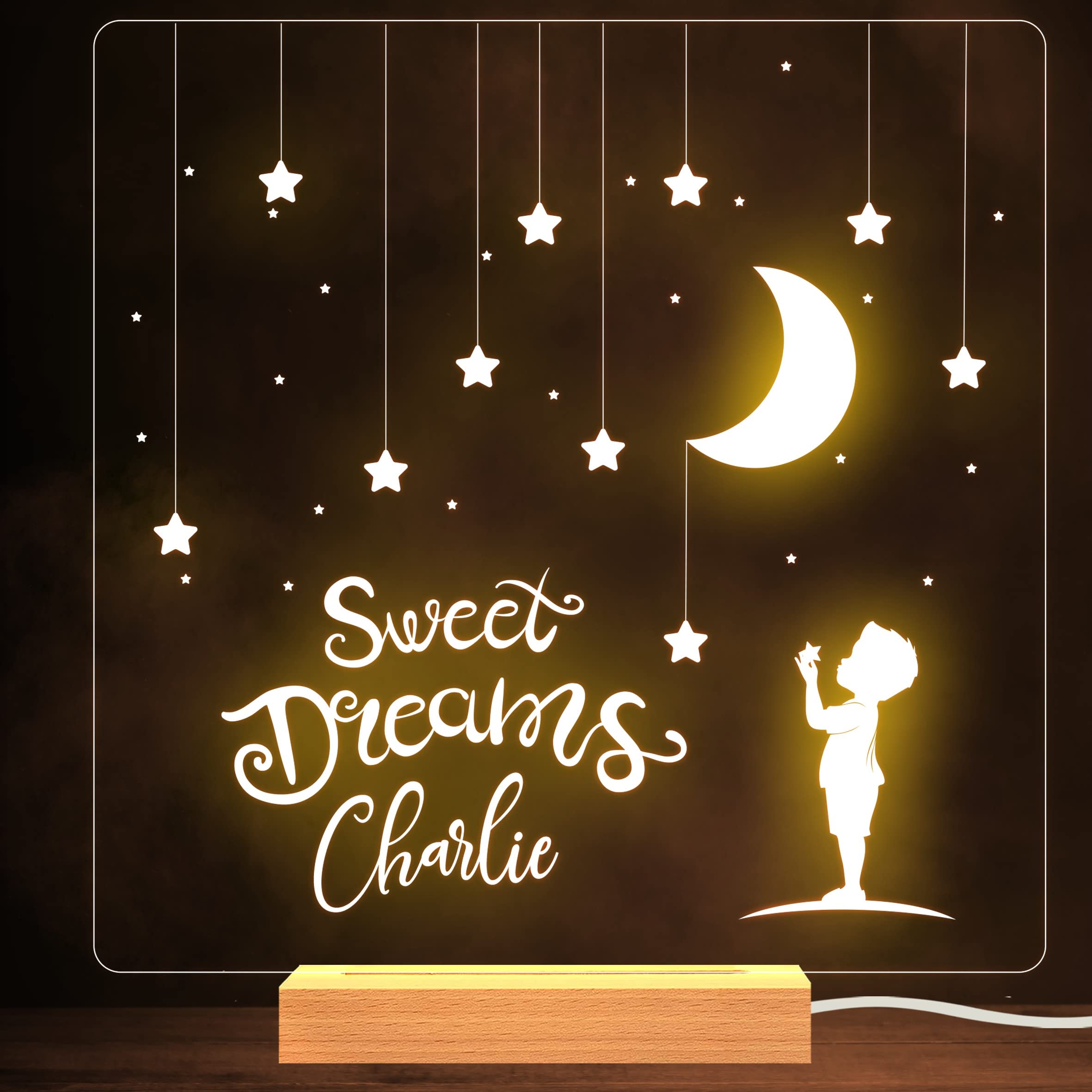Fingerprint Designs Little Boy Looking at Stars Square Name Personalised Gift Lamp Night Light
