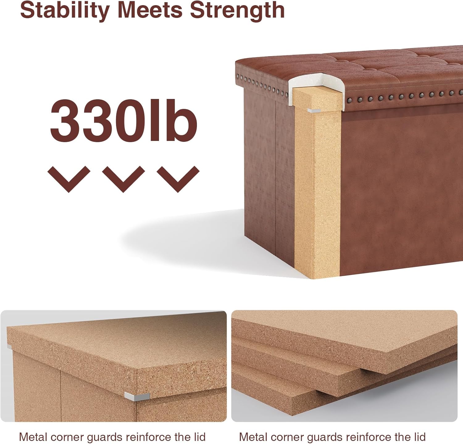Storage Ottoman, Ottoman Faux Leather Bench, Rectangular Storage Ottoman for Bedroom End of Bed,Combination of Button Suede Rivet Design Ottoman with Storage 32.28" L x 15.75" W x 15.75" H