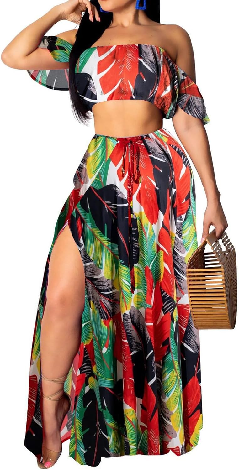Sexy Two Piece Sets for Women Vacation Elegant Sleeveless Top Long Split Maxi Dress Beach Swimwear