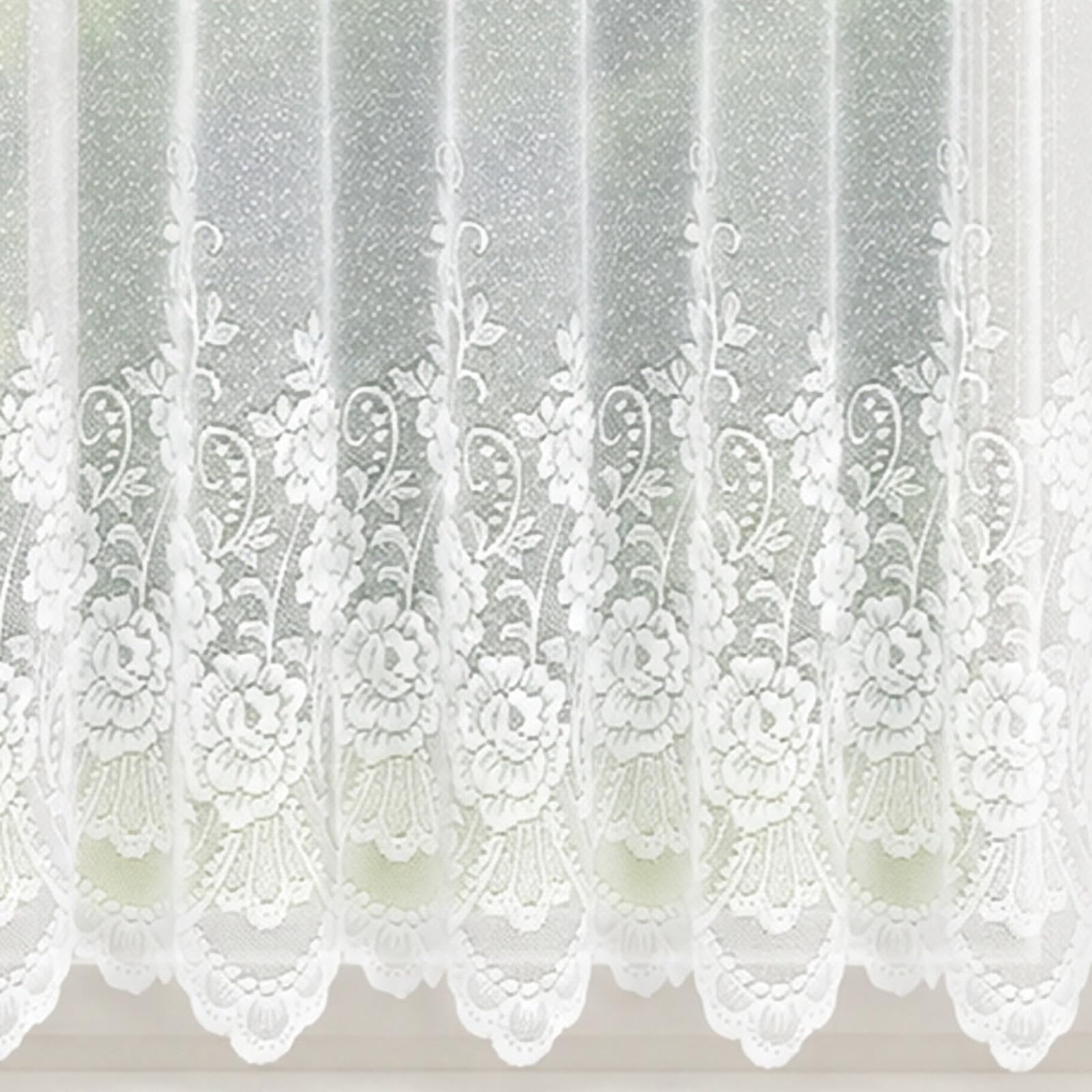 36" (91cm) Drop - Rosalie White Rose Floral Lace Net Curtain With Scalloped Hem - Choose Your Design - Sold By The Metre - Supplied In One Continuous Piece - Slot Top
