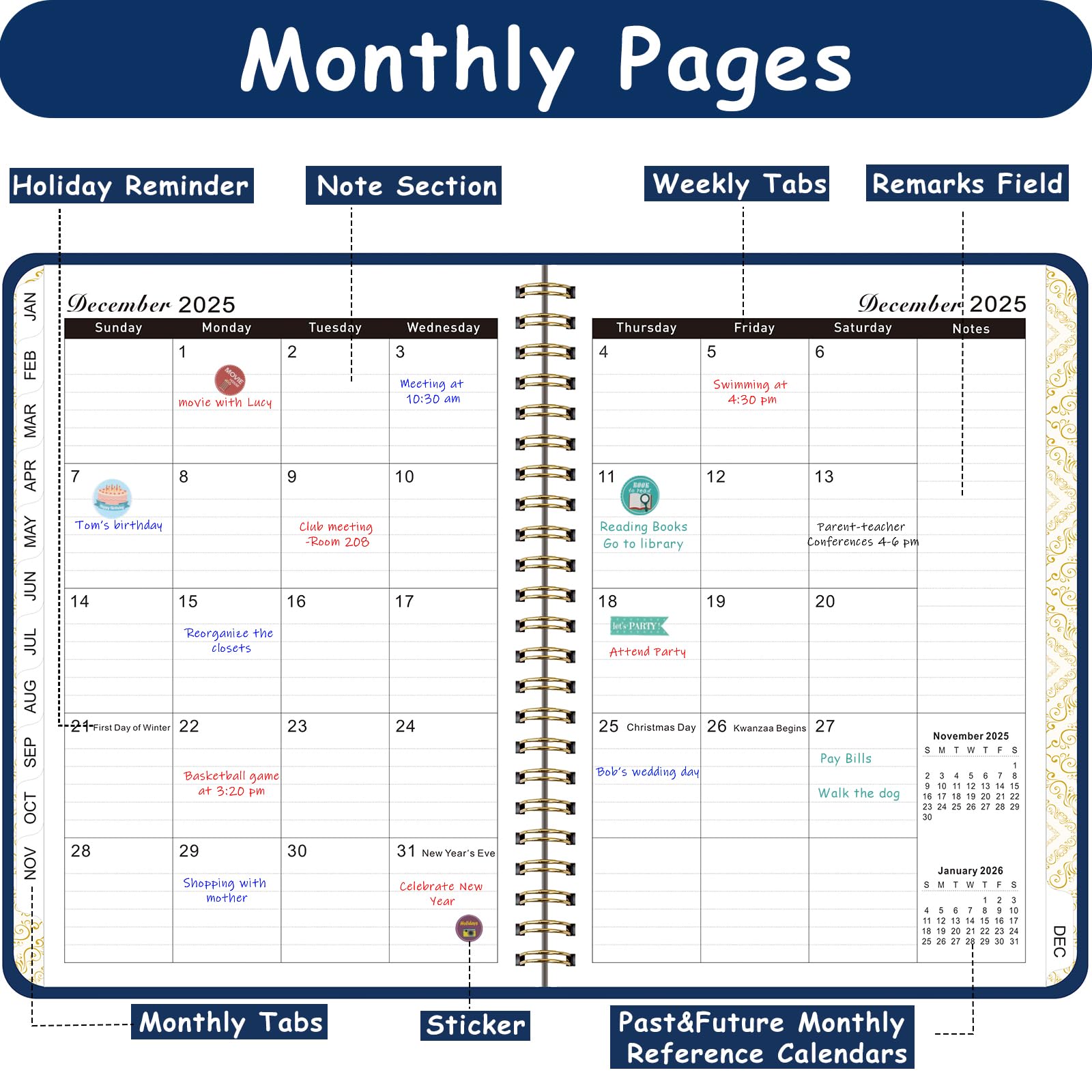 Planner 2025-2026, agenda settimanale e mensile con copertina rigida, con linguette mensili, da luglio 2025 a giugno 2026, tasca interna, formato A5, 15,7 x 21,6 cm, perfetto per ufficio, casa, scuola