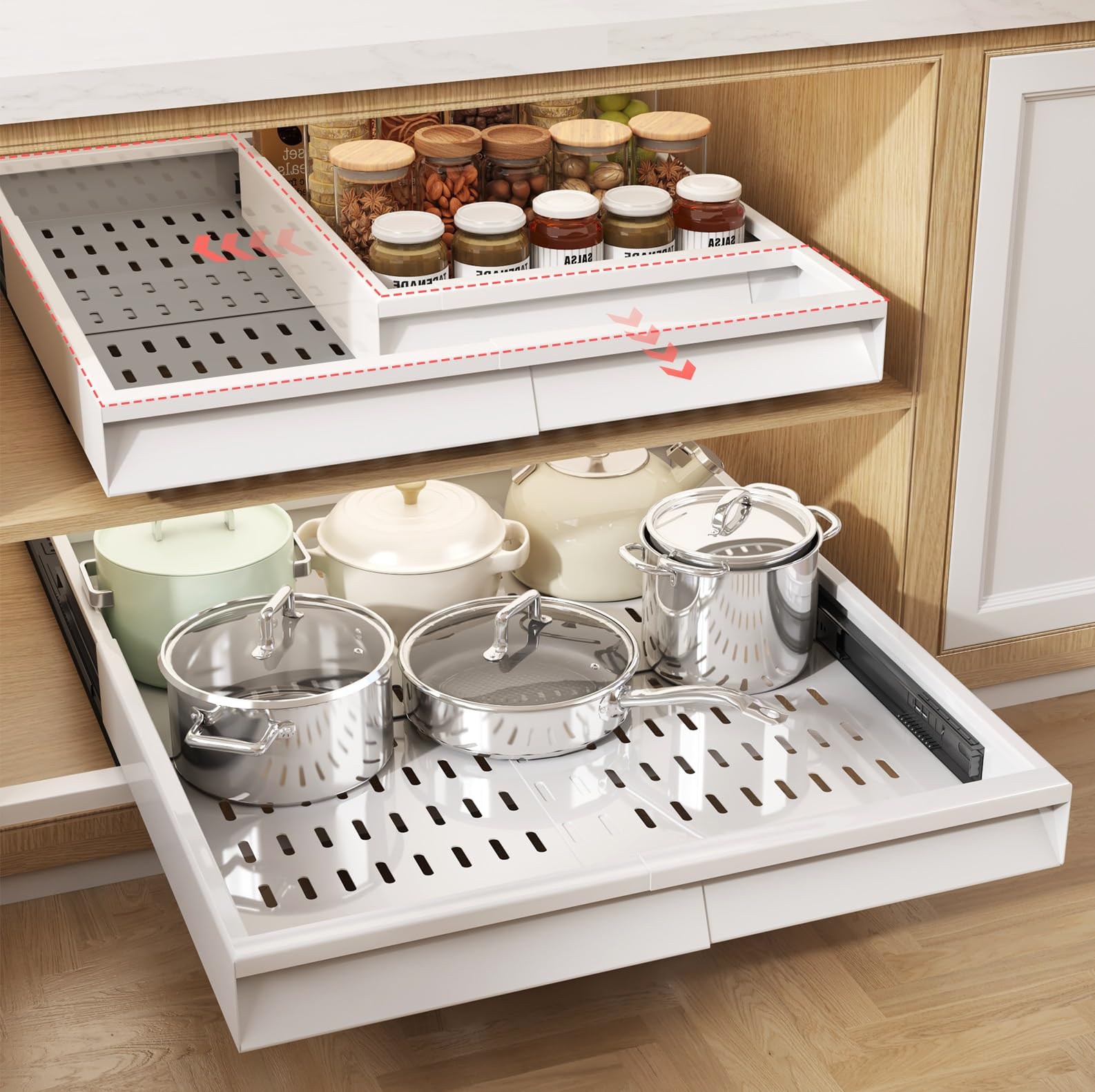 1 pack pull out cabinet organizer with raising pad for framed cabinets,expandable width (13"-21") and depth (17"-24"),3 slide rails slide out drawers with handle,no-drill roll out shelf,white ( only one)