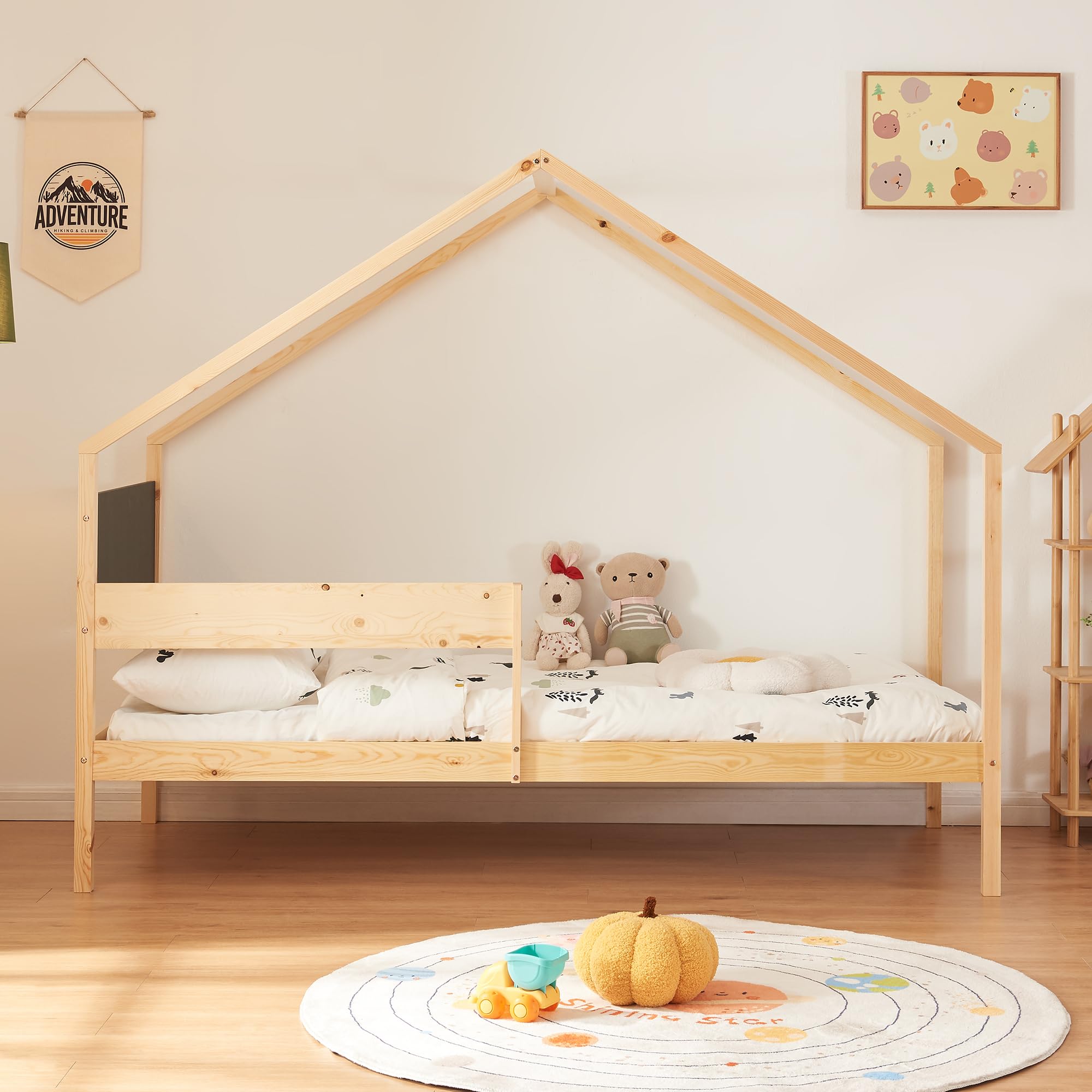 [en.casa] Letto Casetta Doppio Posto per Cameretta Bambini con Secondo Letto Estraibile Posti Letto a 90 x 200 cm Struttura in Legno di Pino Naturale