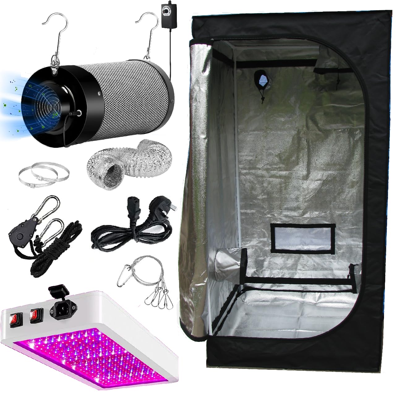 Grow Tent Kit, 60 x 60, 80 x 80 cm Complete Hydroponics Setup with LED Grow Light, Carbon Filter and Fan System (80 x 80 x 160 cm)