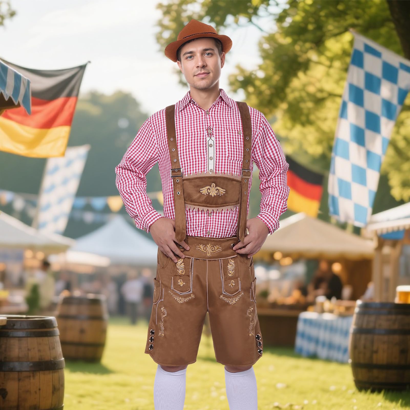Strój męski na Oktoberfest, bawarski tradycyjny strój męski na Oktoberfest z tradycyjnymi skórzanymi spodniami, kapeluszem i skarpetkami na karnawałową imprezę cosplay (Brązowy, L)