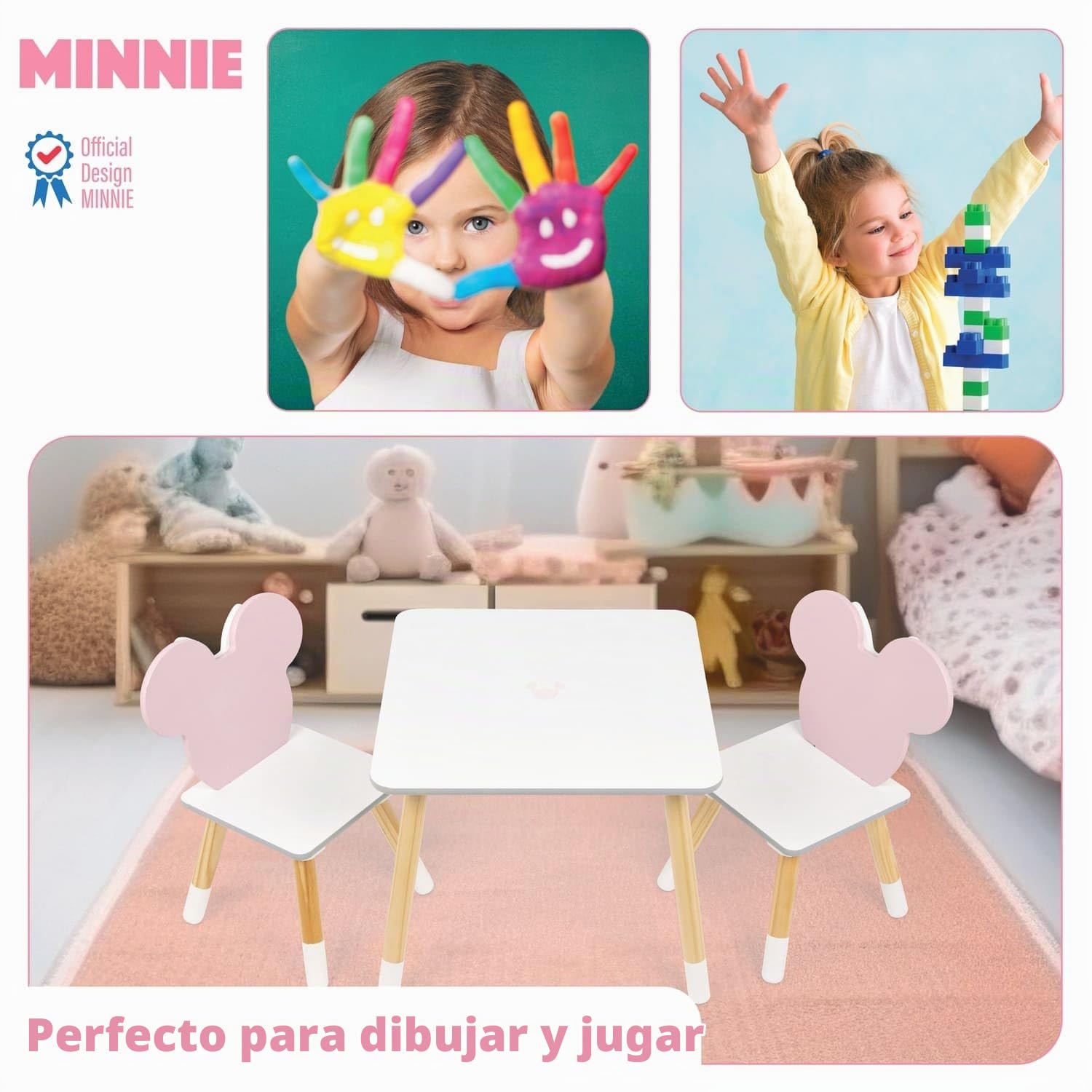 ARDITEX - Set de Mesa y 2 Sillas Infantiles de Madera - 50x50x44 cm y 26,5x26,5x50 cm - Ideal para Jugar, Pintar y Hacer Manualidades - Licencia Oficial Minnie Mouse