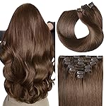 SUYYA Real Human Hair Extensions, Chocolate Brown & Dark Brown, Straight, Double Weft, Clip ins, 7pcs 120g (22 inches)