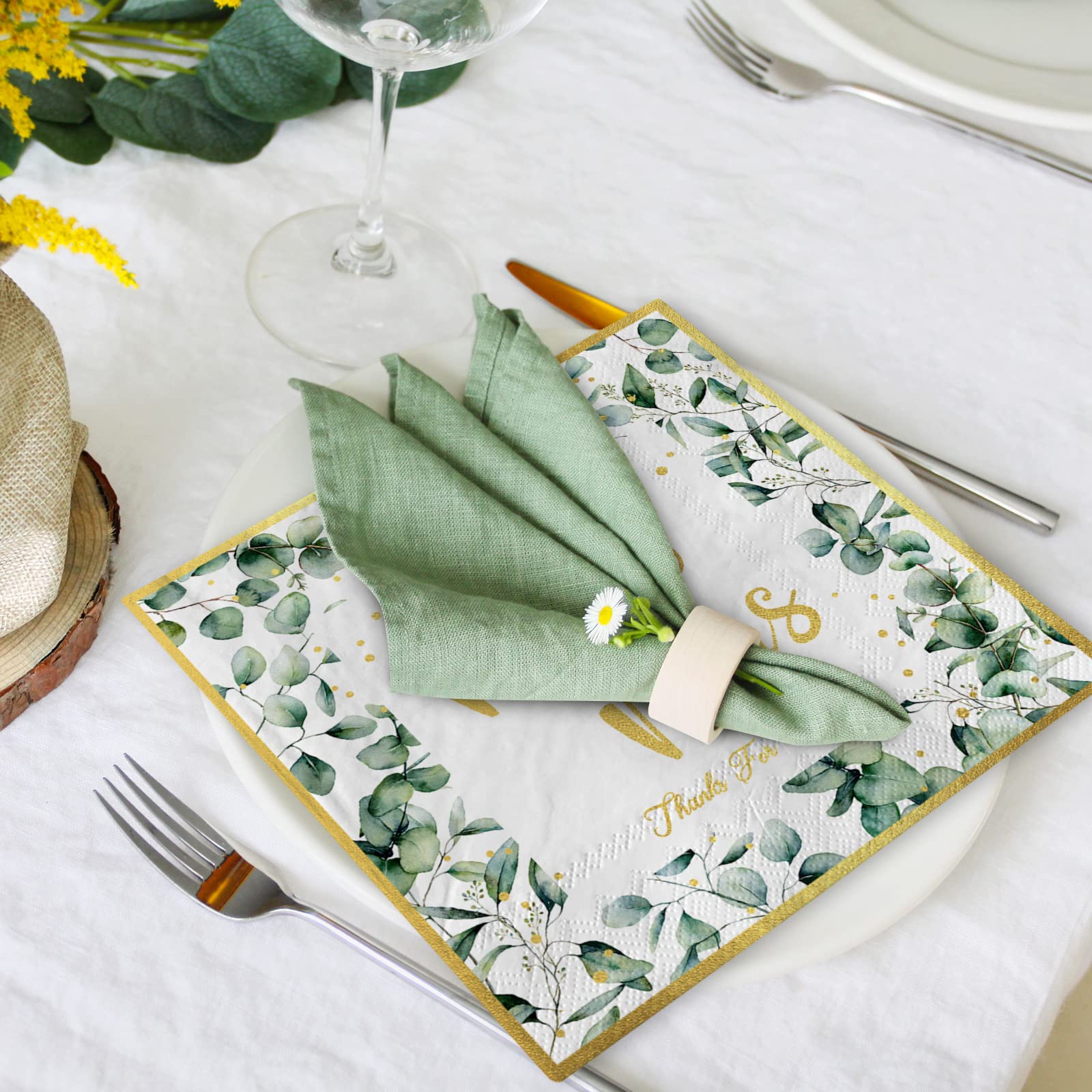 AnyDesign 100 Stück Hochzeit Servietten 16,5 cm grüne Folie Gold Mr & Mrs Luncheon Servietten Eukalyptus Blätter Einweg Dekorative Abendessen Papierservietten für Brautdusche Verlobung Hochzeit Party