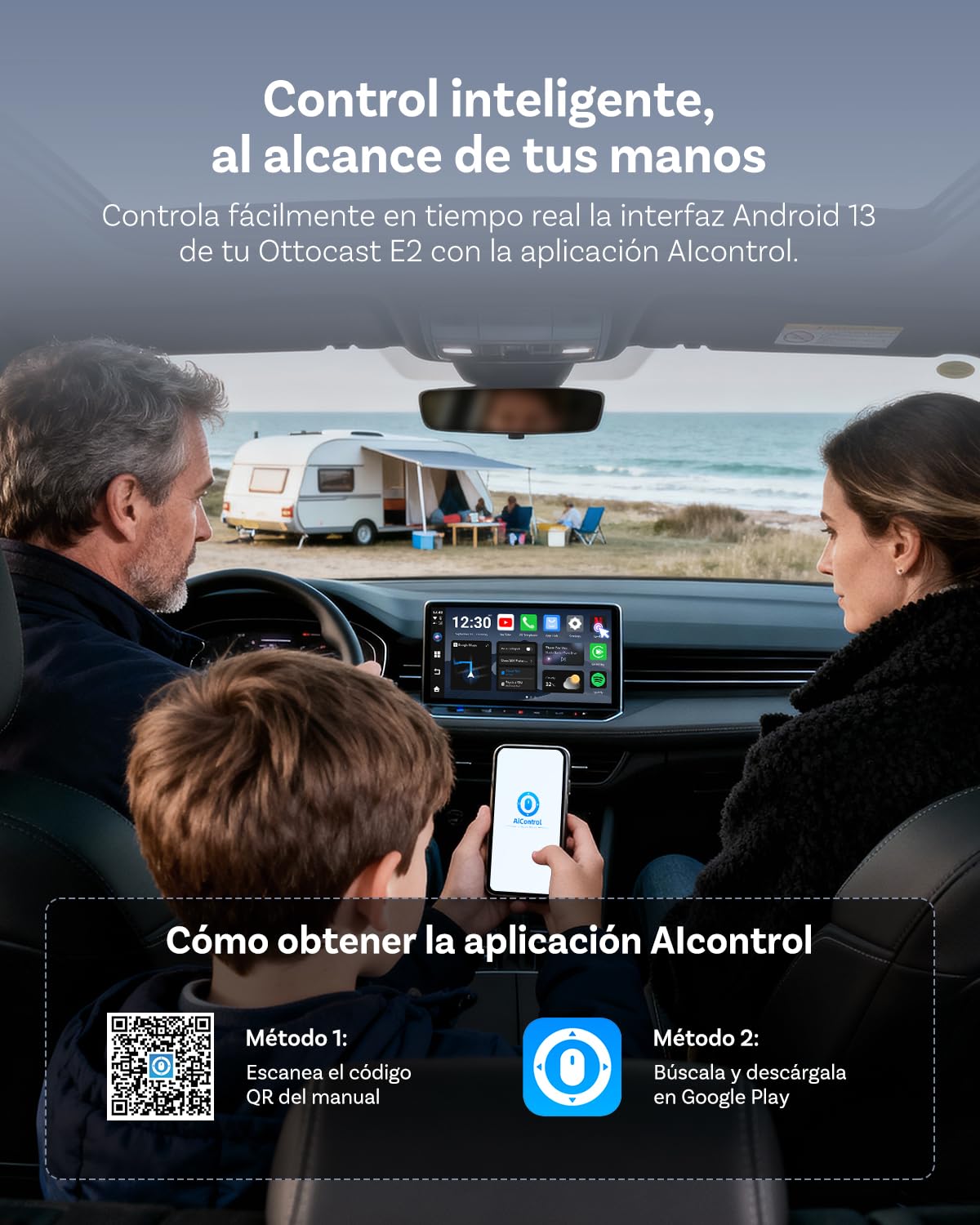 OTTOCAST E2 AI Box, 2026 Mejorada 3 en 1 Adaptador Inalámbrico CarPlay y Android Auto, Android 13 Vídeo Multimedia para Coche con Netflix YouTube, Descarga de Aplicaciones, 4GB+64GB, Actualización OTA