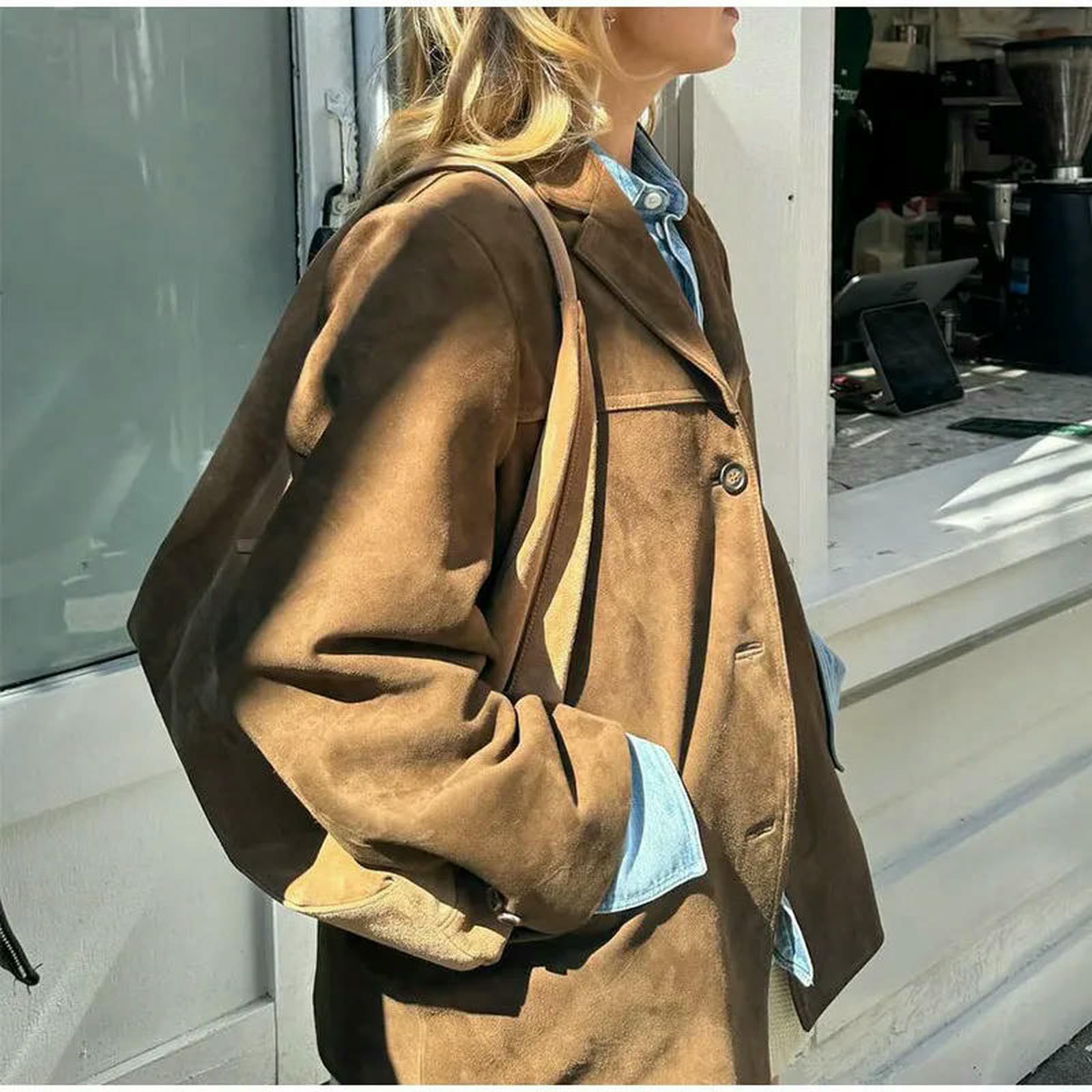 Abbigliamento Donna Donne in Pelle Scamosciata Giacca di Pelle in Pelle Autunnale A Petto Singolo Petto Sciolto Cappotto di Strada da Donna Esterni-Marrone-m