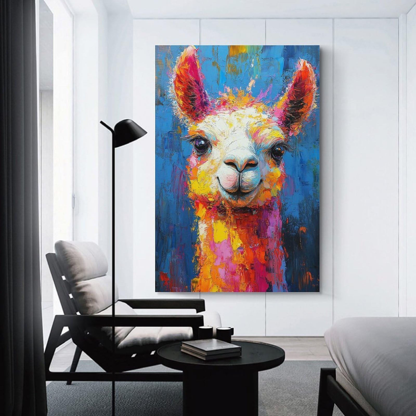 Junmoney Colorful Llama Portrait Painting Canvas Art Print 24x36inch(60x90cm), for New Homes, Bedrooms Or Workspaces, Gift Idea for Housewarming And Birthdays