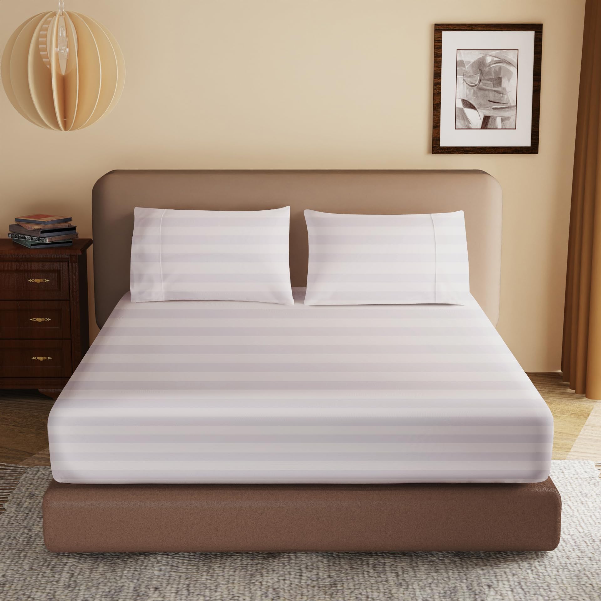 100% Egyptian Cotton Fitted Sheet CK Size, 600 Thread Count, Single Fitted Sheet Only,16" Deep Pocket Sheet, Soft & Elastic Sateen Weave Bottom Sheet for Home (Light Beige-Stripe, California King) — image 1