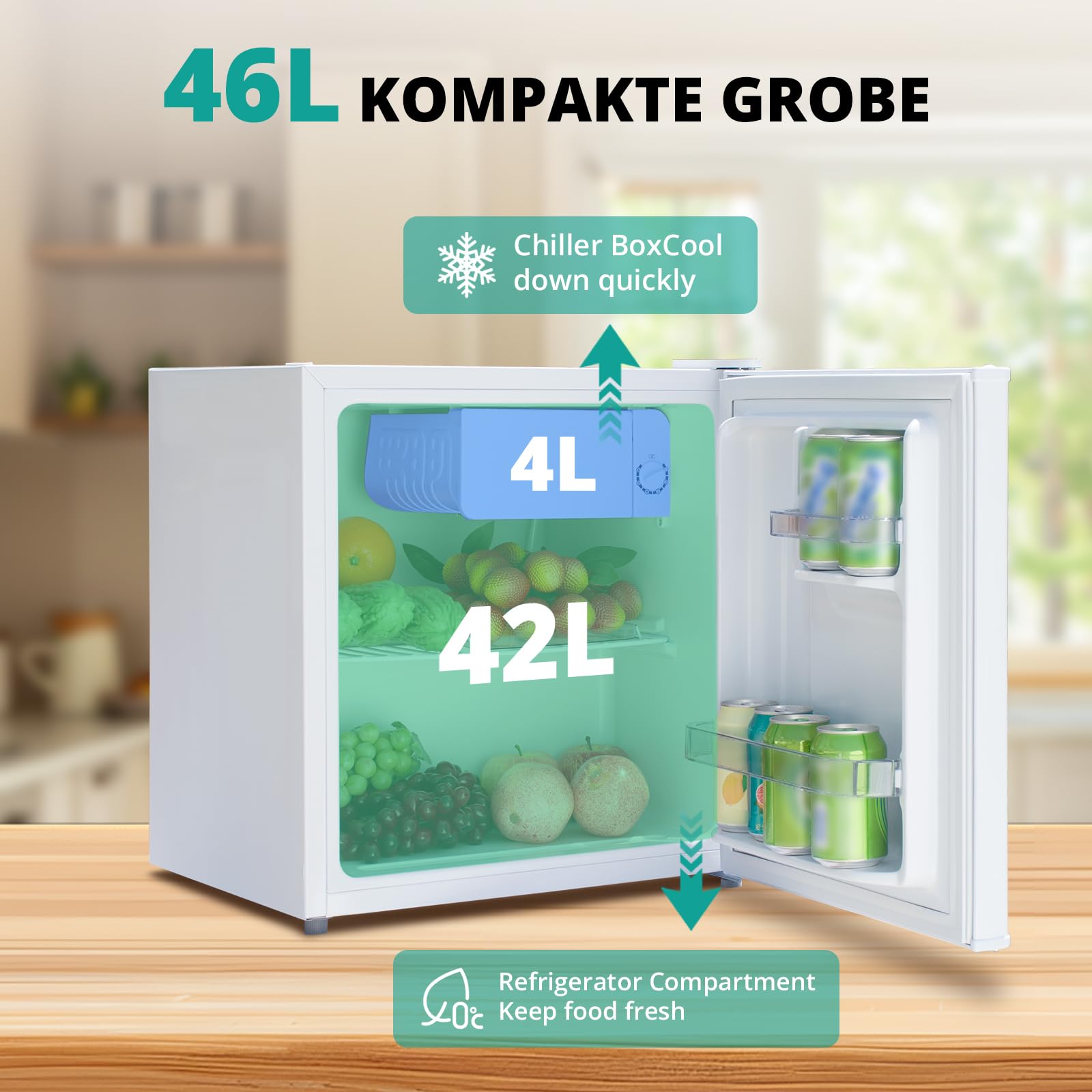 SMETA 46L Mini Kühlschrank, Klein Kühlschrank Leiser 39dB, Getränkekühlschrank 6-Stufen Thermostat 0-10°C, mit wechselbarem Türanschlag für Zuhause Büro Camping Schlafzimmer, Weiß