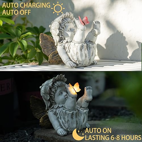Miniatura 5 de Suyorpe Decoración solar de hadas para jardín de hadas, figuras de hadas, estatuas de resina para exteriores, adornos con mariposa iluminada para