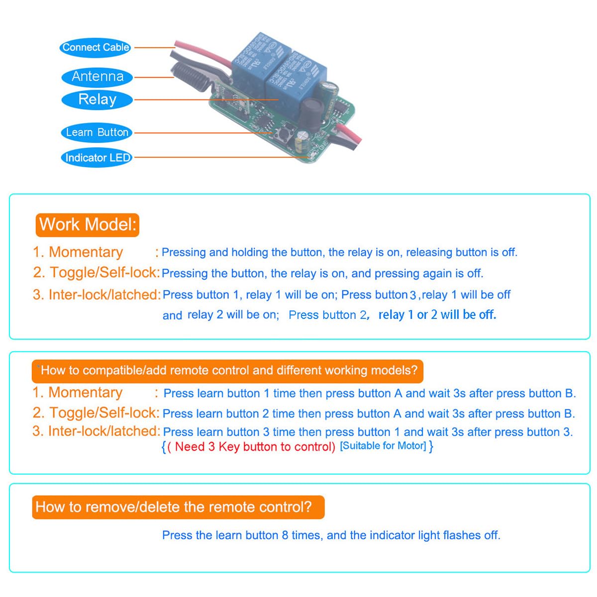 Interruptor de control remoto de motor de DC 12V 24V 36 48V interruptores de relé inalámbricos de 12V-80V 5 A controlador de receptor con transmisores, motor de avance, retroceso (2* Controlador)