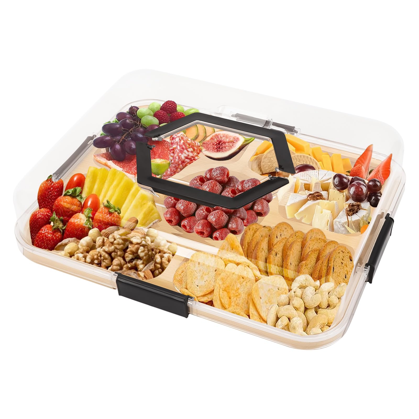 Charcuterie Boards with Clear Locking Lid and Black Handles,Travel Bamboo Charcuterie Board Fruit Tray Set with 5 Compartments,Portable Wooden Cheese Board for Cheese and food