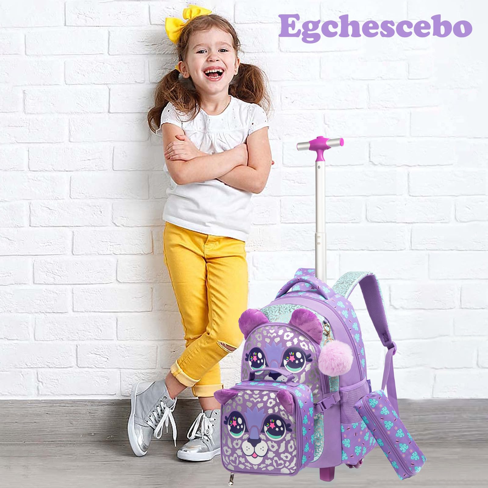 Sac a Dos Animal Enfant Roulette Fille Primaire Valise École Maternelle Sacs à D'école pour Voyage Cabine de Bagages 17" 3PCS Ensemble Grand Cartable Étudiant Simple Violet