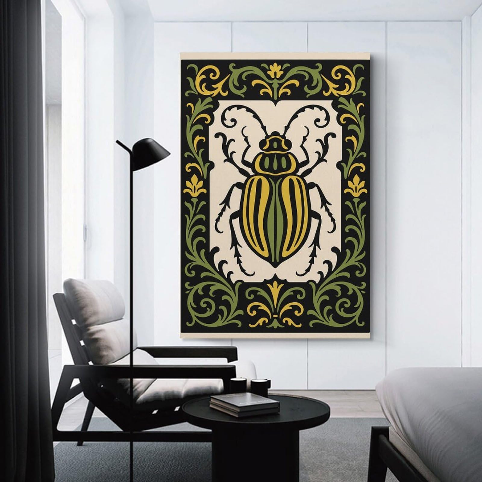 Junmoney Stylized Beetle with Floral Border Canvas Wall Art, 20x30inch(50x75cm), for Wall Displays, Bedrooms Or Room Updates, Ideal for Building A Coordinated Art Wall