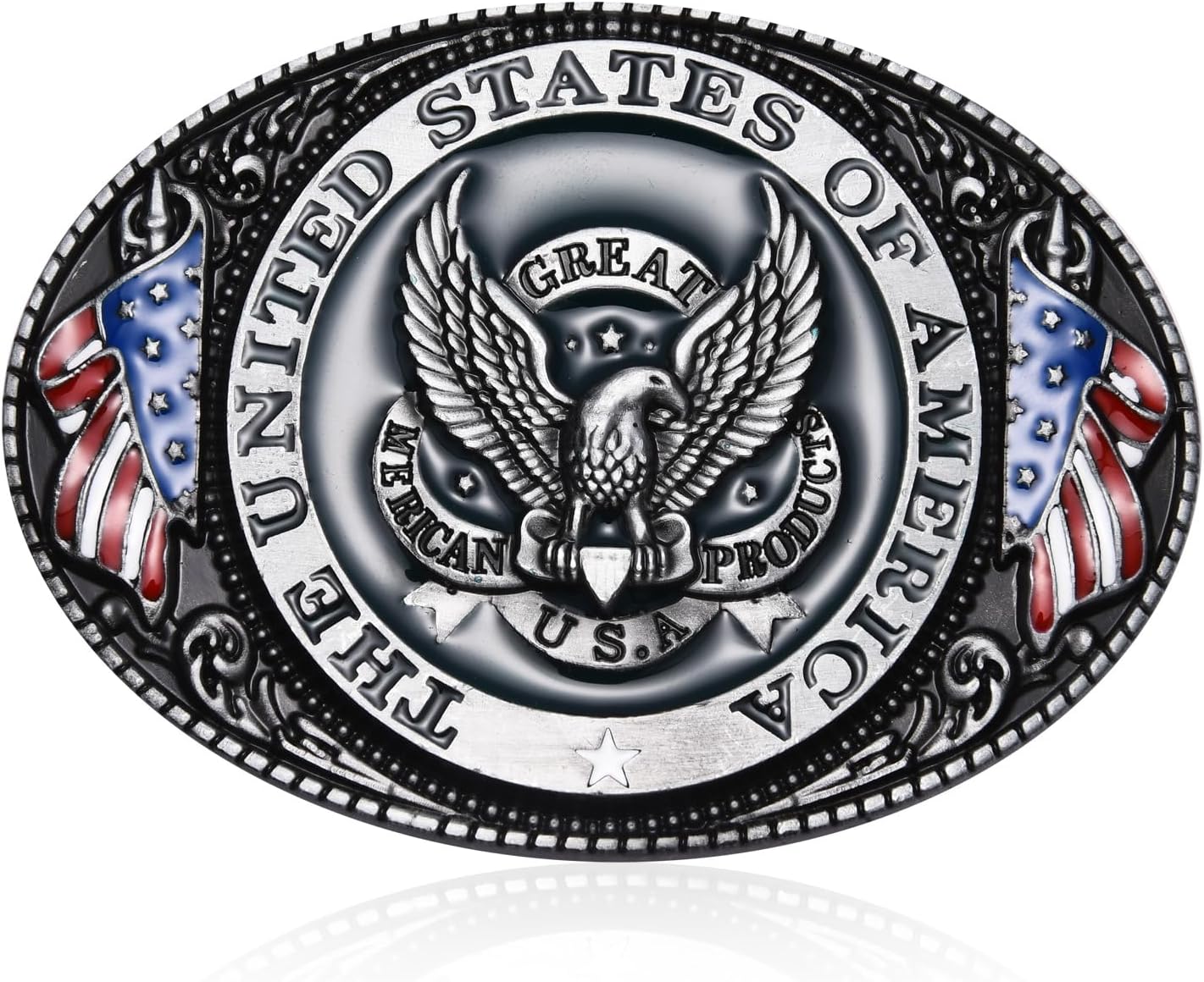 American Flag Belt Buckle - Patriotic United States Flag Bald Eagle - Western Cowboy - Large, Silver