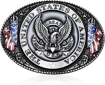 American Flag Belt Buckle - Patriotic United States Flag Bald Eagle - Western Cowboy - Large, Silver