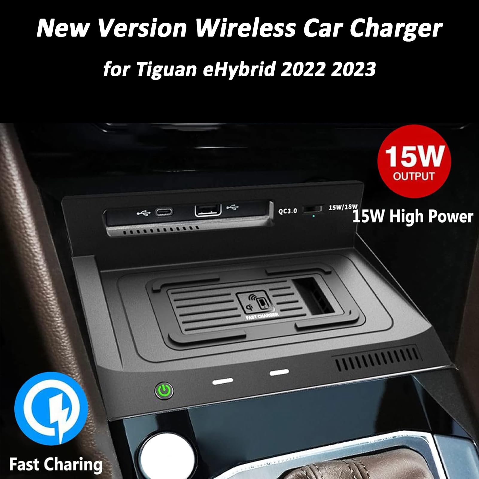 Cargador Inalámbrico Coche para Volkswagen Tiguan eHybrid 2022 2023,15W Qi Carga Rápida Auto Teléfono Cargador,Cargadores De Móvil por Inducción,Consola Central Cargador Accesorios