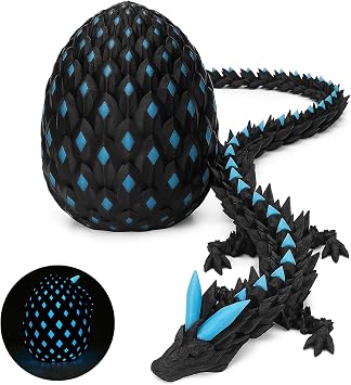 3D Printed Dragon Glow in the Dark with Matching Egg Articulated UV Reactive Crystal 3D Dragon Set, 10.63in Flexible Design, Collectible Display Model for Fantasy Lovers Blue