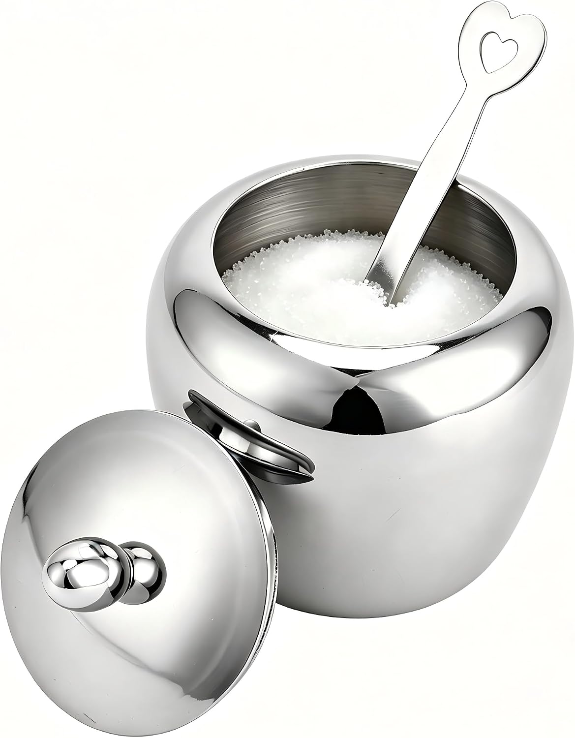 Stainless Steel Sugar Bowl with Spoon Kitchen Storage Container for Home Cafe Restaurant 8.5cm Diameter 10cm Height Weight 199g