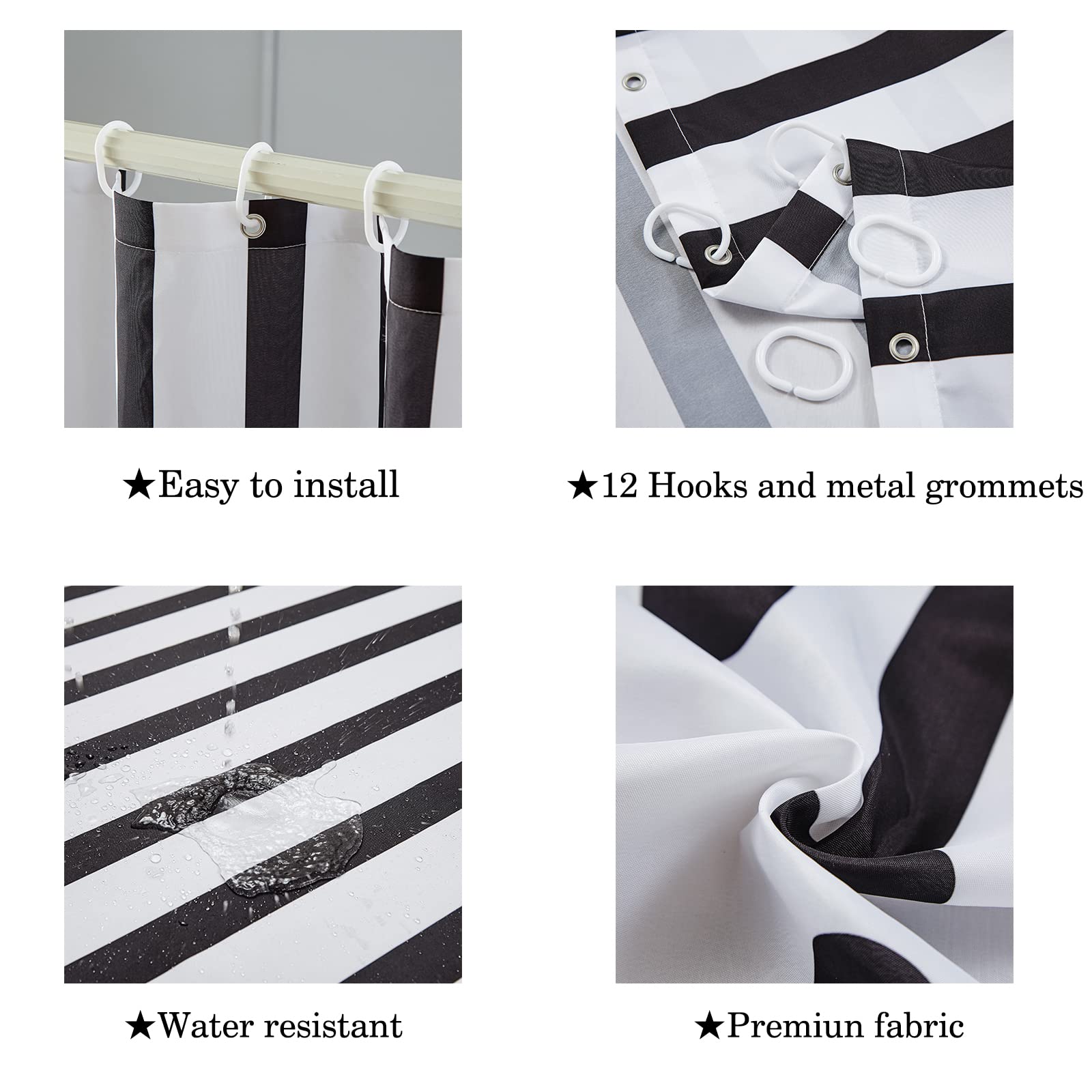 YAXI Black And White Striped Shower Curtain - 72x72 Inch Waterproof Fabric Curtain With 12 Hooks