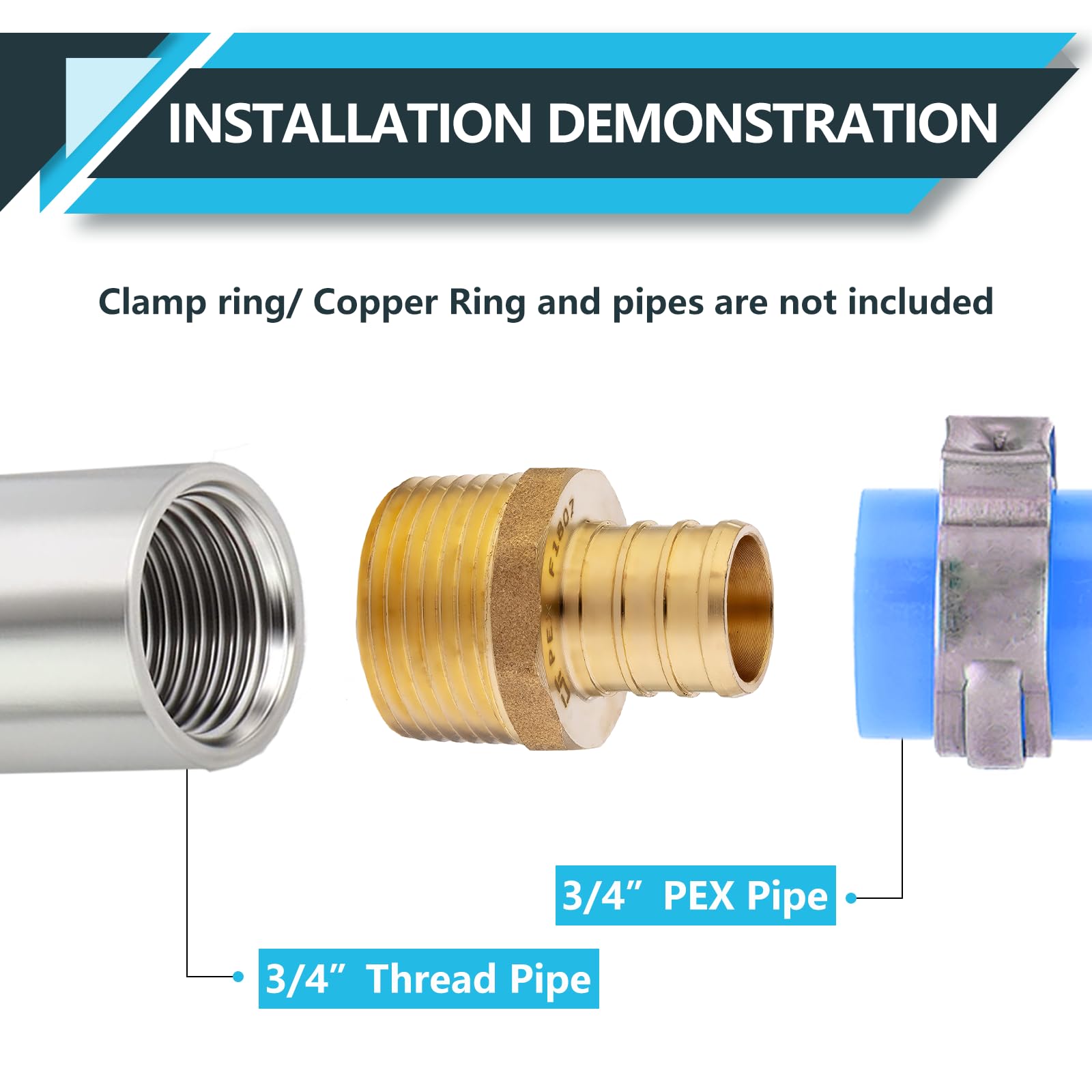 (10-pak) Złączki PEX, Pex 3/4"x3/10.2 cm adapter NPT, mosiężne złączki zaciskowe, do rur rurowych PEX, ASTM F1807