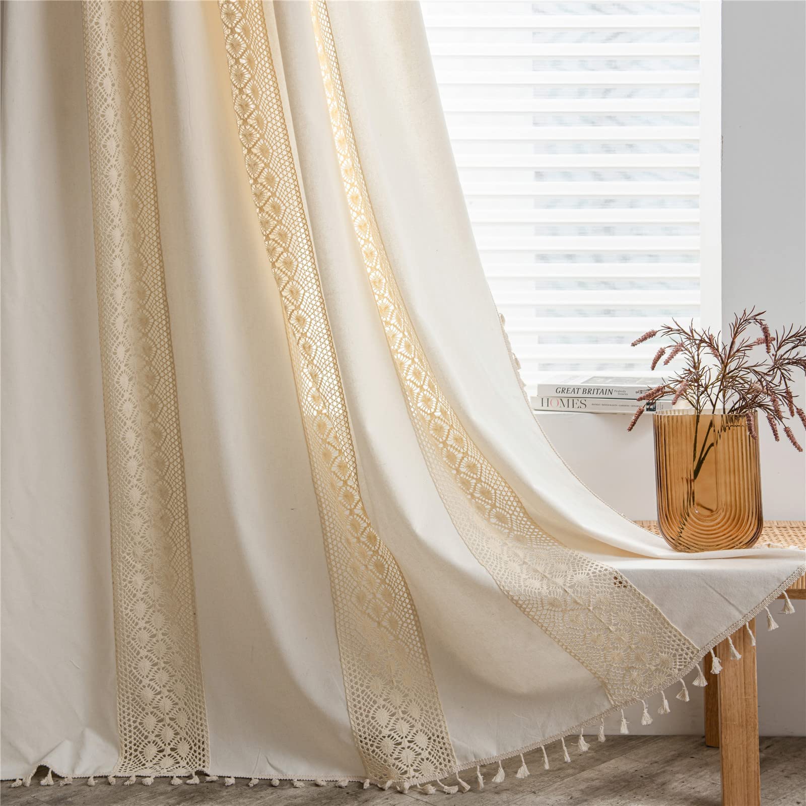 Sutuo Home - Boho Semi-Blackout Lace Crochet Curtain with Polka Dot Pattern, Patchwork and Pompoms, Vintage Rustic Living Room Bedroom 1 Panel 150 x 243 cm (W x L) (Beige) — image 1