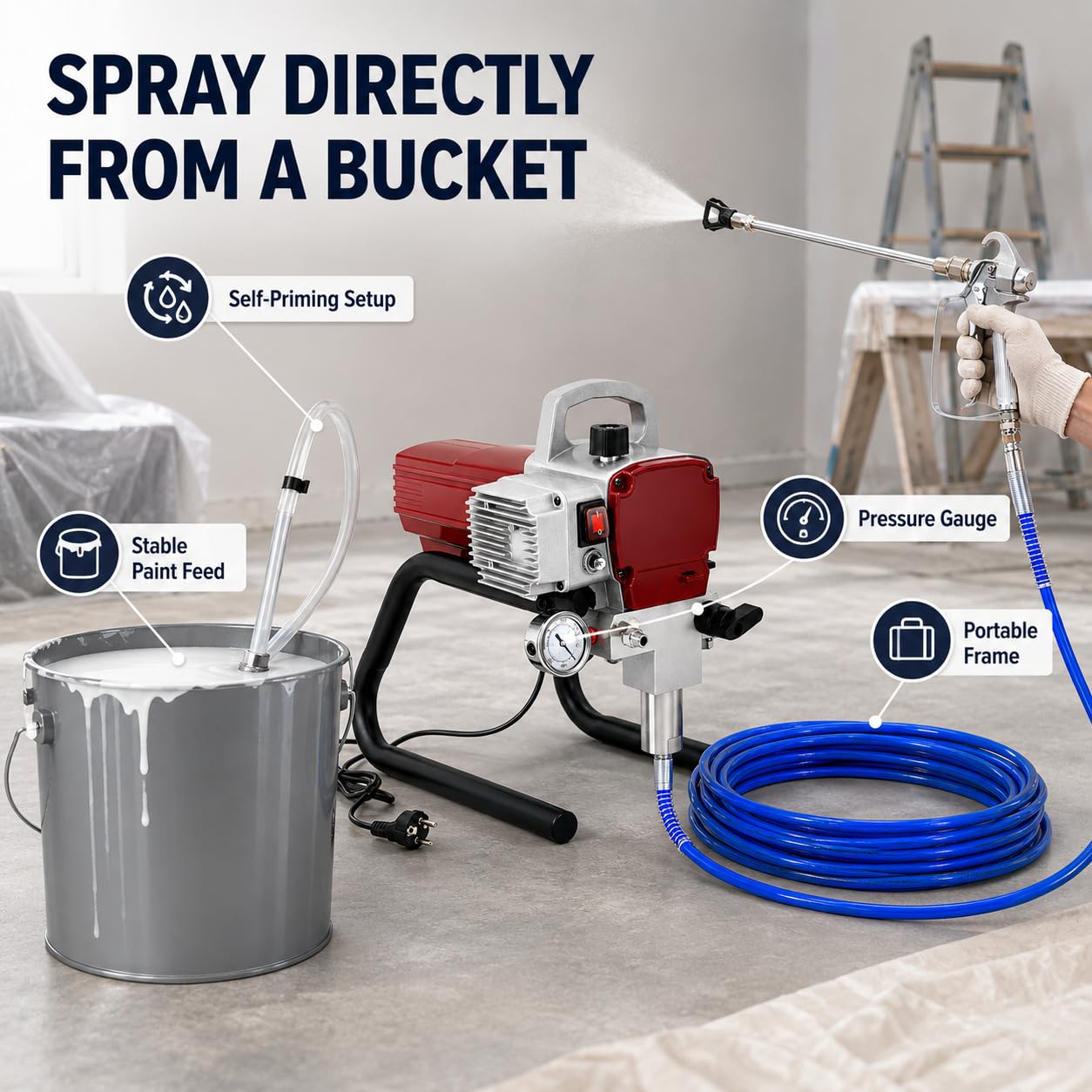 Aparato de Pintura por Pulverización Profesional de 1,8 KW - Airless Paint Con Dispositivo de 250 mm y 13 m de Manguera - Sistema de Alta Presión