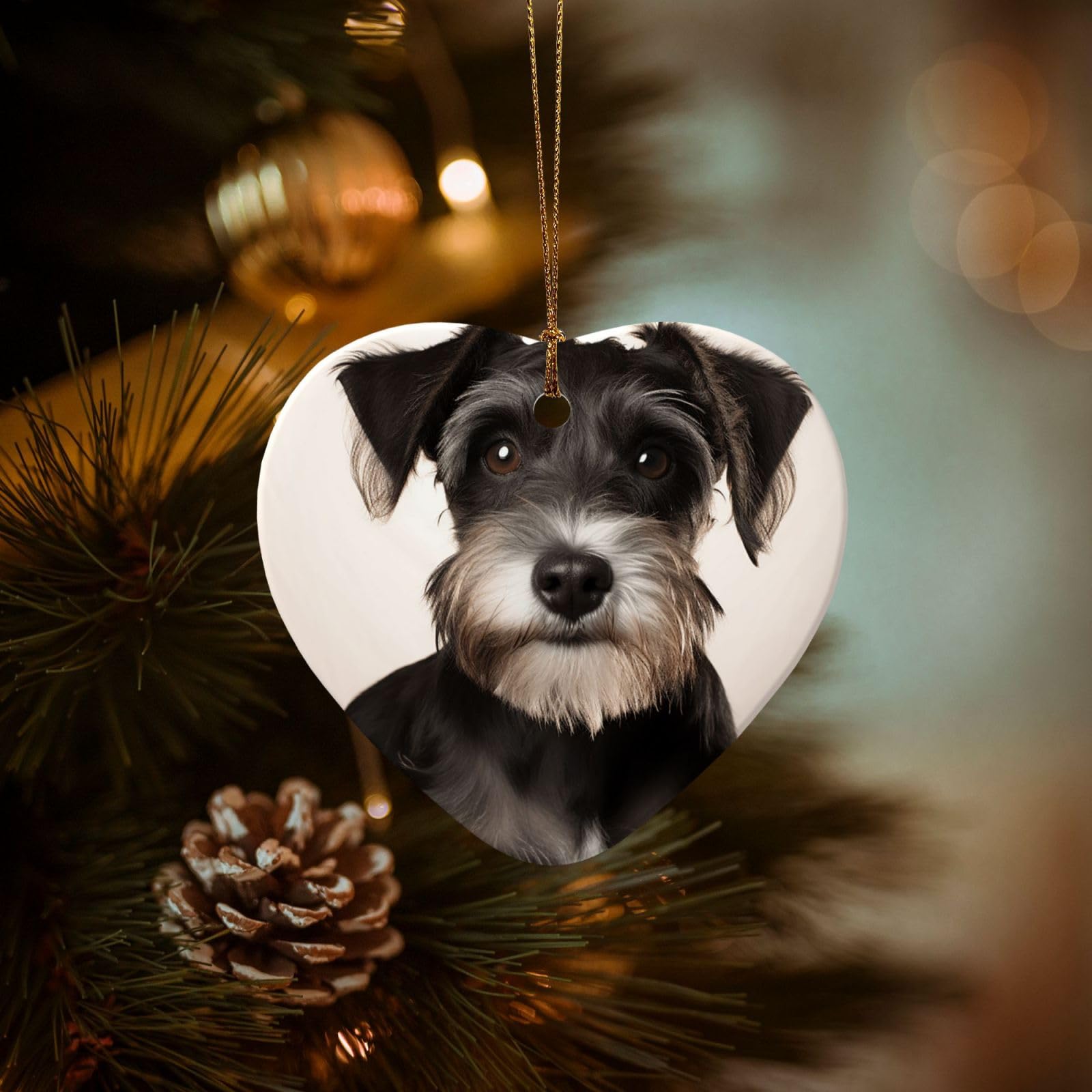 Christmas Ornaments for Christmas Tree Decoration Hanging Cute Schnauzer Ornament with Gold Ribbon Crafts Heart Shape Ceramic Pendant for Keepsake Gifts Xmas Decor Party Supplies
