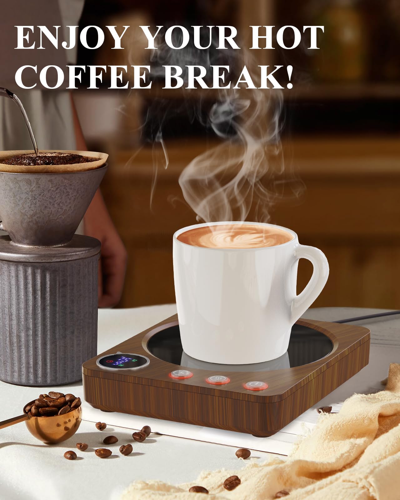 HOMEASY Calentador de Tazas, 30W para Tazas Eléctrico con 3 Configuraciones de Temperatura 4H Apagado Automático para Escritorio Agua Caliente Té Leche Calentador Regalo Marrón