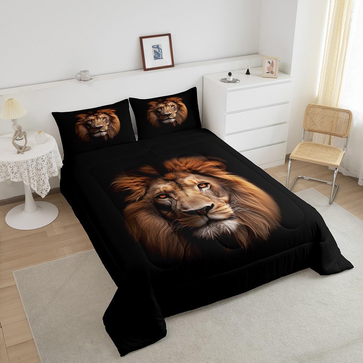 Lion Kids Comforter Set Full Size,Wild Animals Wildlife Fur Bedding Set,Girls Boys Women Room Decor,Jungle Animals Hunting Down Comforter,Brown Black Retro Duvet Insert,2 Pillowcases