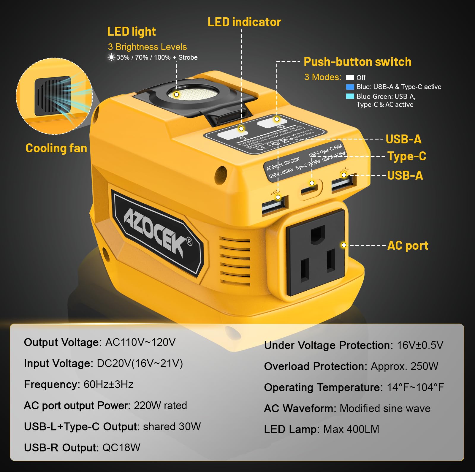 Onduleur de 220 W compatible avec batterie De-walt 20 V, DC 20 V vers AC 110 V Station d'alimentation portable avec 1 prise CA, 2 ports USB et 1 charge rapide de type C, lampe de travail 400 LED