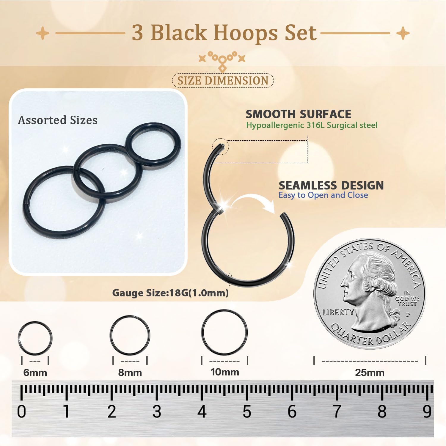 Nose Rings Hoop and Nose Studs Sets for Women Men,Hypoallergenic 316L Surgical Stainless Steel Hinged Clicker Segment Nose Rings Hoop Helix Cartilage Daith Tragus Sleeper Earrings Silver Gold Black L Shape/Corkscrew/Straight Nose Studs Real Body Piercing Jewelry - Image 2