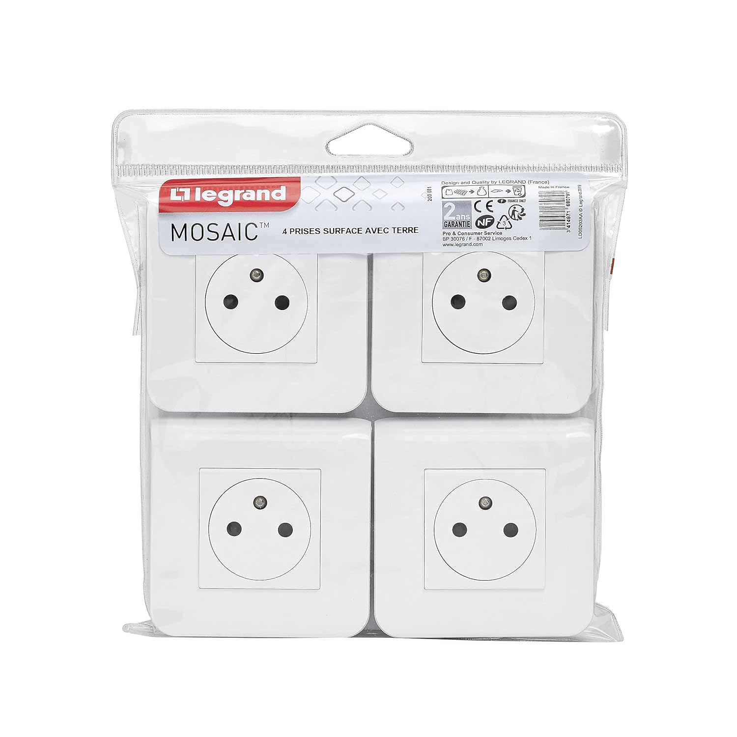 LEGRAND - Mosaic Surface Earth Wall Socket - 2P+T Socket + Finish Plate + Screw Mounting Bracket - Made in France - White - Set of 4
