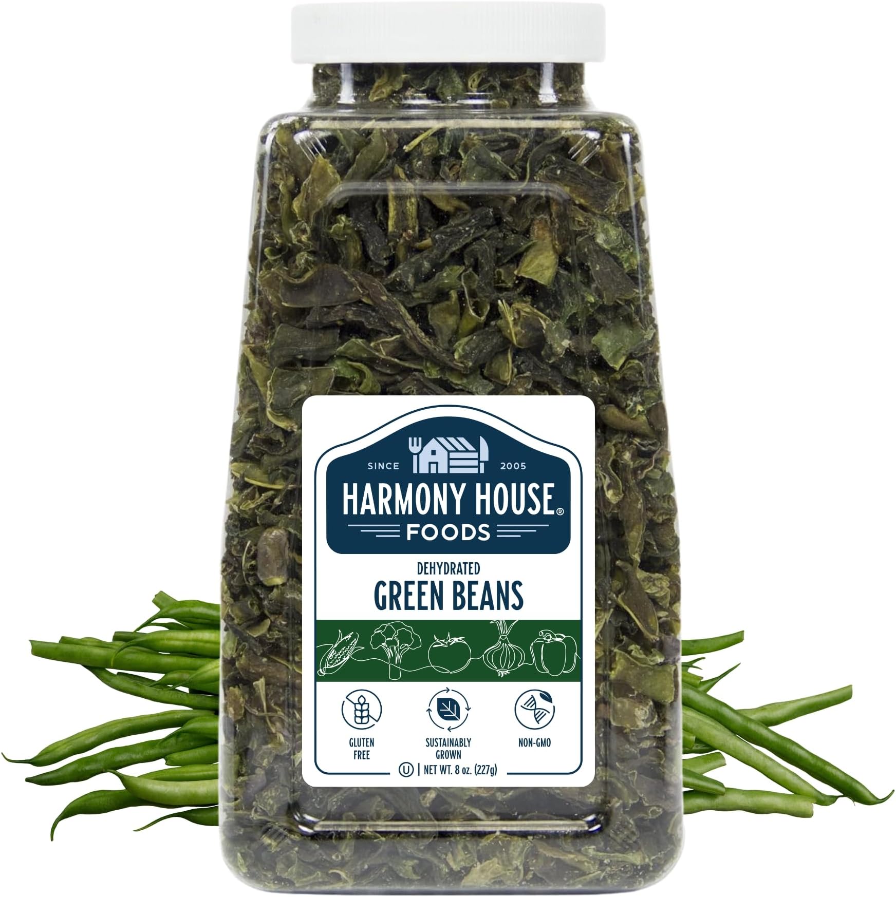 Harmony House Foods Dried Green Beans, cut (8 oz, Quart Size Jar) for Cooking, Camping, Emergency Supply, and More