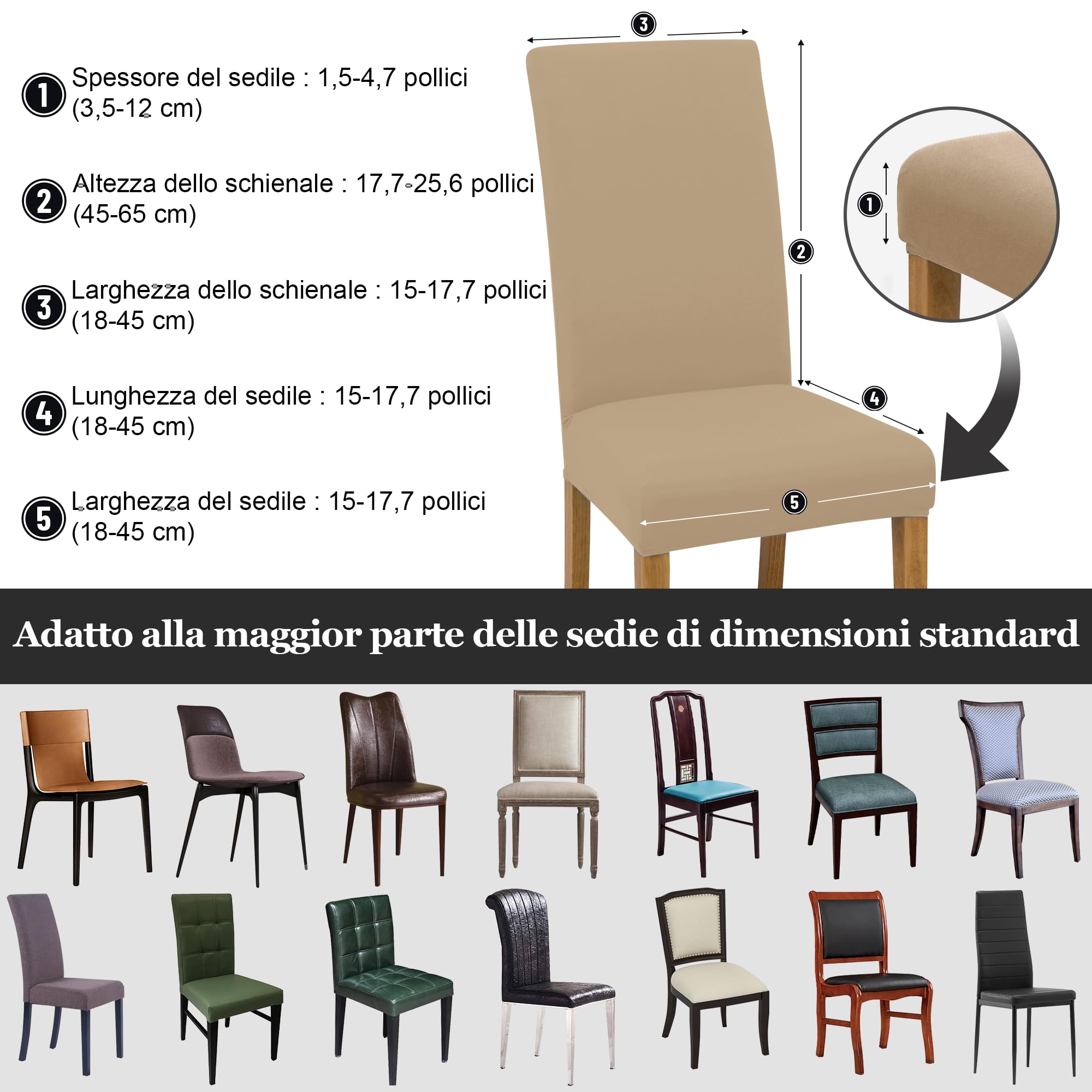 DREAHOTEXTIL coprisedia con schienale、coprisedia elasticizzati、coprisedie antigraffio gatto、copri sedia da ufficio (set da 2/4/6 pezzi con schienale) per salotti, cucine, feste e hotel. (6, khaki)