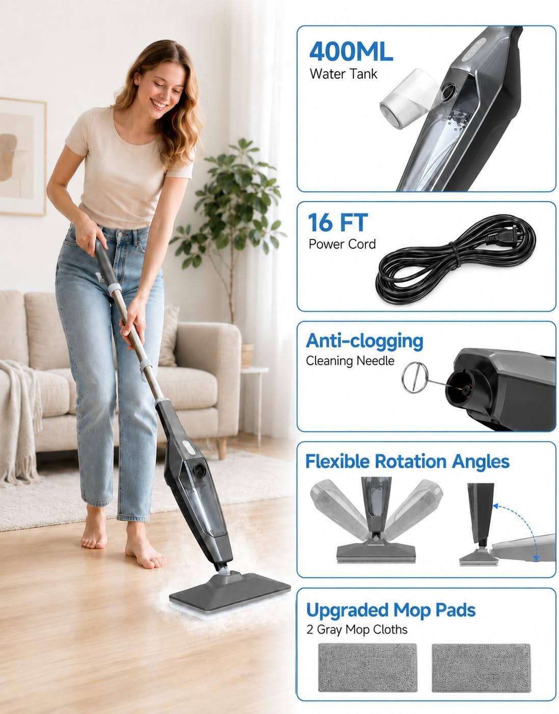 Steam Mop, 14-in-1 Steam Cleaner Floor Cleaning with Upgraded Mop Pads*2 photo 6