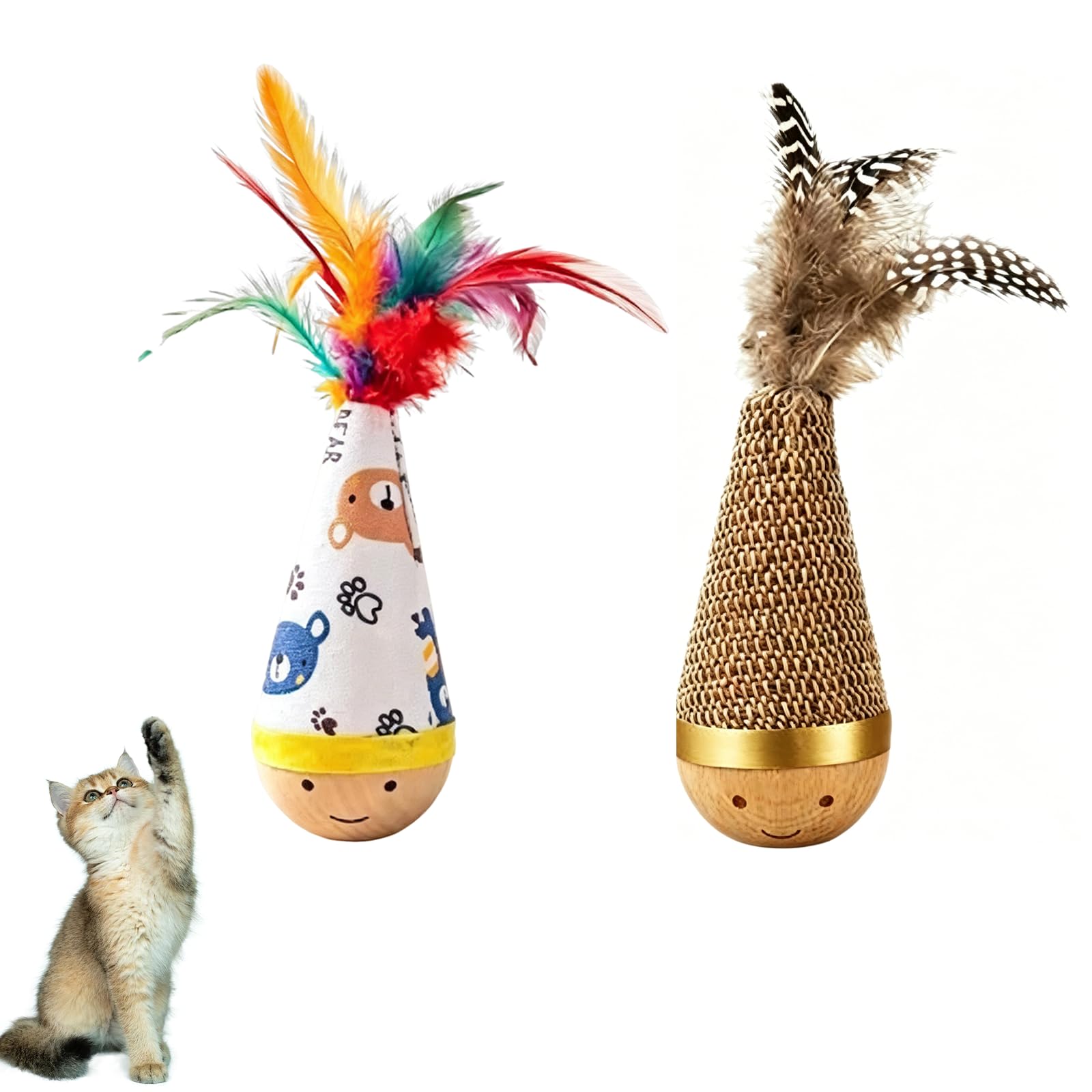 QhgPnt Wooden Wobble Cat Toy, Scratchable Woven Surface, Anti Boredom Toys for Cats with Paw Relief Features, 2-Piece Feather Tumbler Set for Multi-Cat Households (5.5x18cm)