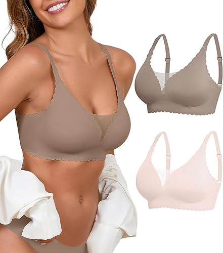 Wireless Bras for Women Pack - Womens Seamless Comfortable Invisible Scalloped Mesh Bralette Everyday Bra