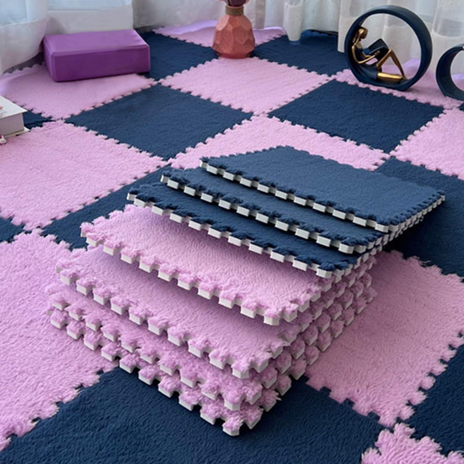 36 sztuk Pluszowa mata z pianki puzzle, miękka i gruba spleciona kwadratowa piankowa mata do dekoracji salonu sypialni (granatowo-fioletowy cl
