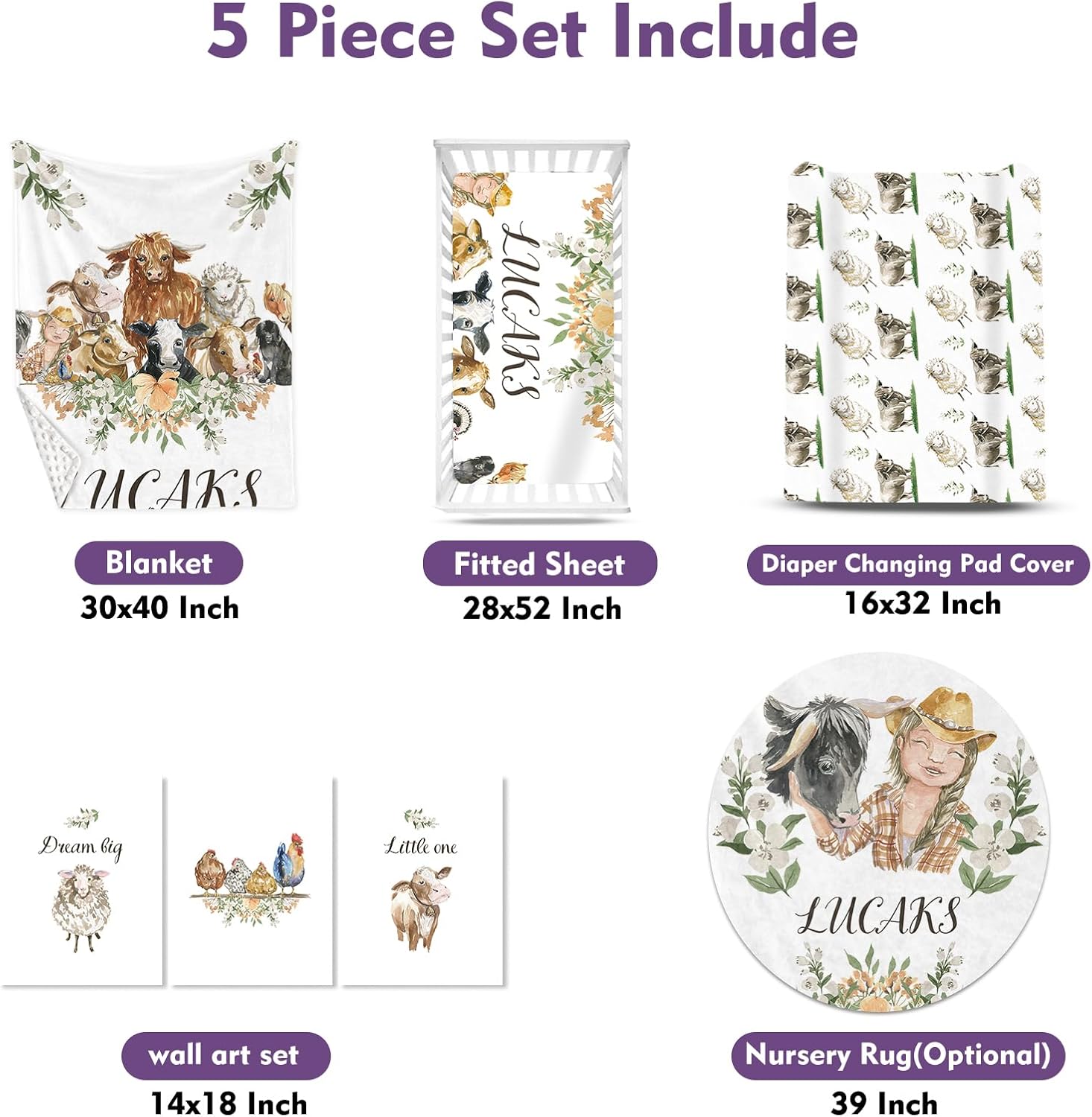 Personalized Baby Crib Bedding Set, Custom Name Nursery Set 5-Piece - Soft Blanket Fitted Sheet Changing Pad Cover Rug and Wall Art, Cute Woodland Animal Theme for Boys Girls