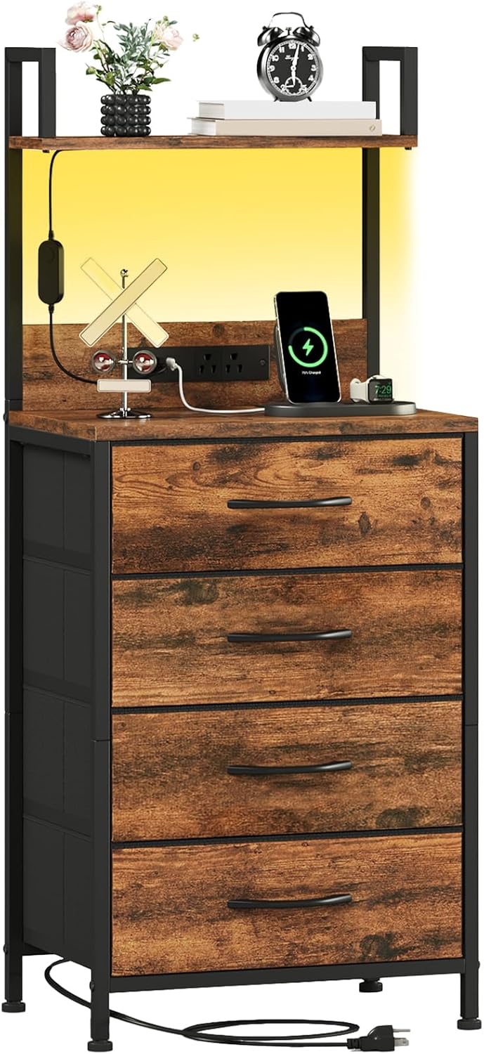 Somdot White Nightstand with Charging Station and LED Lights, Bedside Table Tall Night Stand with 4 Fabric Drawers and Top Shelf for Bedroom Guest Room Dorm Hallway