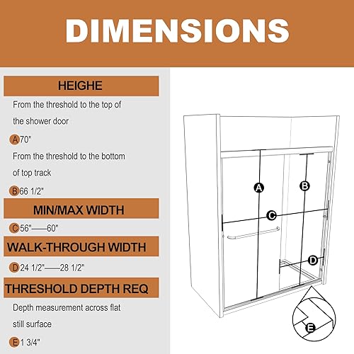 Miniatura 25 de Puerta de ducha deslizante sin marco de 44-48 pulgadas de ancho x 72 pulgadas de alto, puerta de ducha de vidrio con vidrio templado SGCC Negro