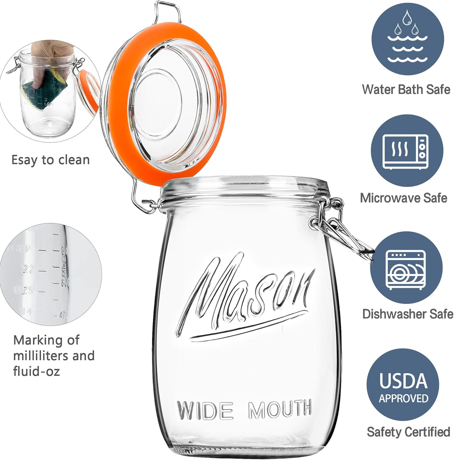 Wide Mouth Glass Jars with Airtight Lid 32OZ 4 Pack, Kitchen Storage Large Clear Canister Jars with Hinged Lid with Measurement Marks For Canning,Coffee,Flour,Sugar,Beans - Image 3