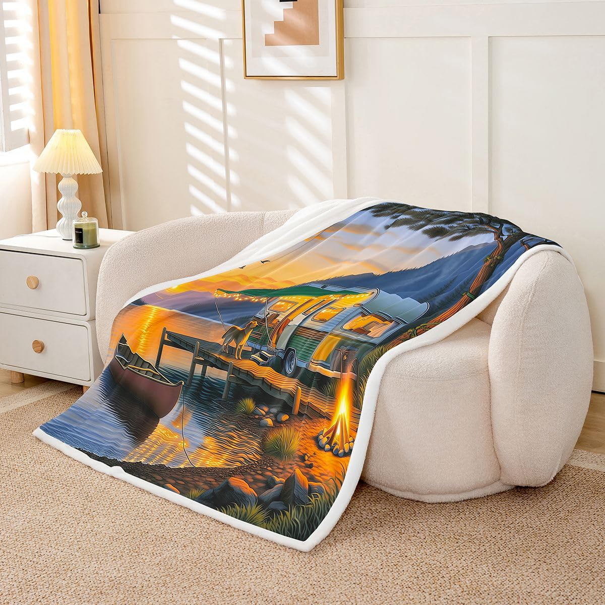 Homewish Koc polarowy do kampera, podwójny, 152 x 203 cm, ognisko, pomarańczowy, zachód słońca, obóz, ciepły, pluszowy koc sherpa, szczęśliwy kemping, do kampera, puszysty, pluszowy, wiejski, łódź