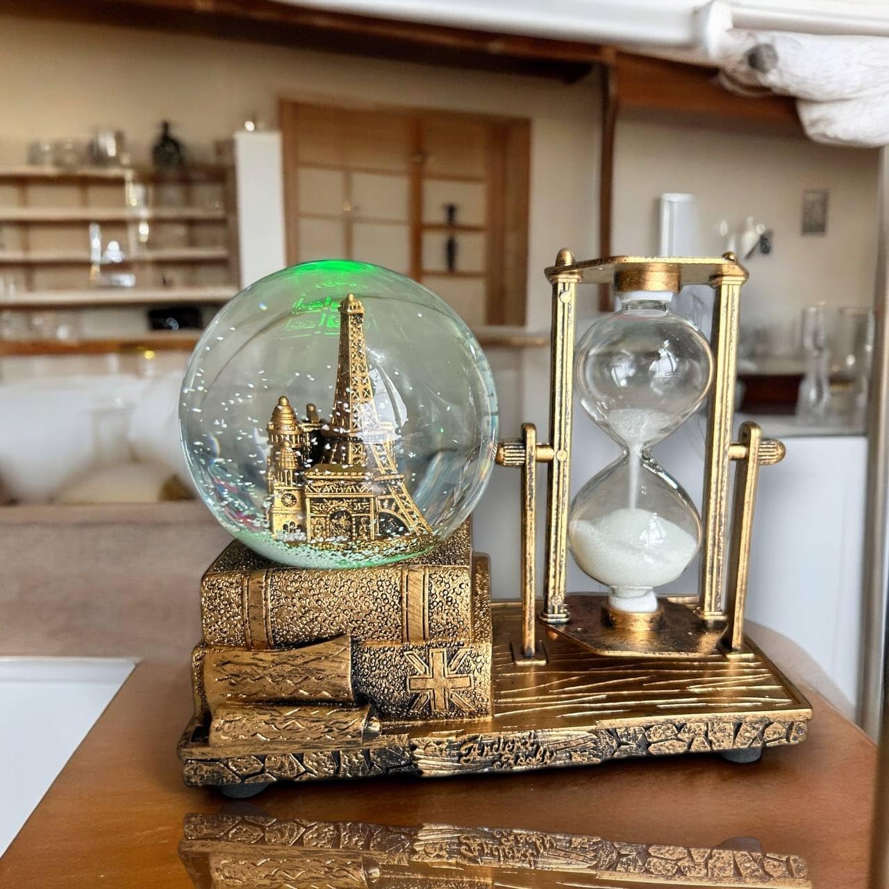 Crystal Snow Globes with Hourglass Timer & Led Music Vintage Brass Snow Crystal Ball Paris Eiffel Tower for Home Snowglobes Decoration Gifts(Pack of 1,Golden) (Paris Eiffel Tower)