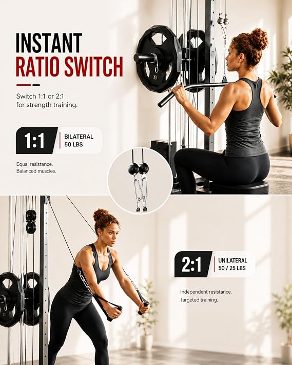 Wall Mount Cable Machine Dual Pulley Cable Crossover Machine with 19 Adjustable Positions, Tricep Rope, T-Bar, LAT Pulldown Bar & Foot Board for Home Gym Strength Training